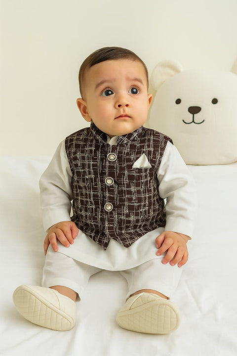 Baby Boys' White Kurta Pajama With Black Textured Waistcoat “ 3-Piece Formal Set