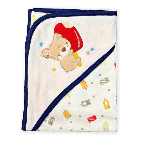 Cute Bear & Ice Cream Baby Blanket “ Soft Cotton Hooded Wrap For Newborns (Blue Border