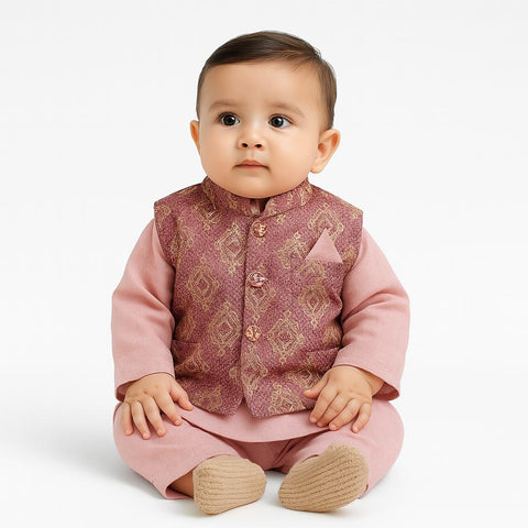 Baby Boys' Pink Kurta Pajama With Maroon Gold Jacquard Waistcoat “ Festive 3-Piece Set
