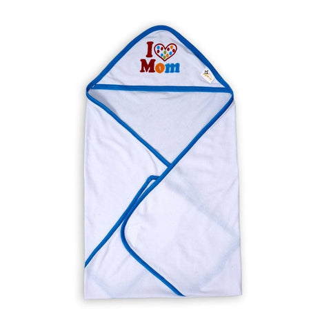 I ¤ϸ� Mom Embroidered Hooded Baby Towel “ Soft Cotton Wrap With Blue Trim