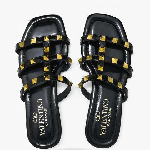 Valentino Garavani Black Patent Studded Strap Sandals