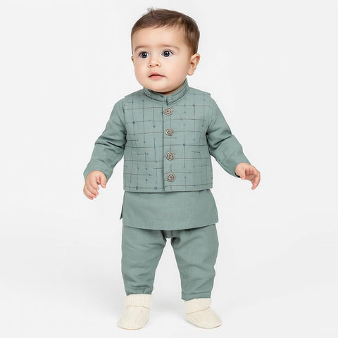 Mint Green Baby Kurta Pajama With Checkered Waistcoat “ 3-Piece Formal Set