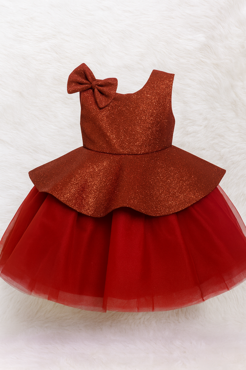 Rust Red Glitter Baby Frock With Shoulder Bow “ Premium Partywear Dress