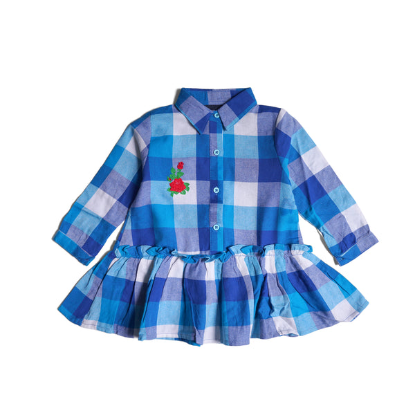 Navy Baby Girl Check Long Sleeve Woven Frock - Chand Tara