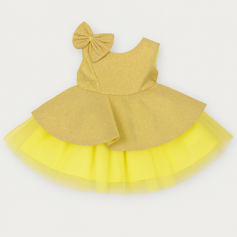 Sunshine Yellow Glitter Baby Frock With Shoulder Bow “ Fancy Party Dress