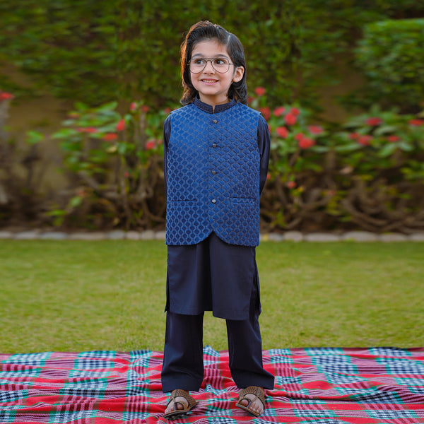 Navy Blue Quilted Waistcoat Set for Boys