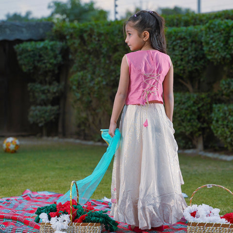 Girls Pink And Beige Floral Lehenga Dupatta