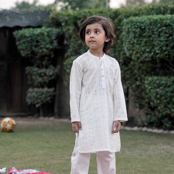 Classic Boys White Embroidered Kurta Pajama Set