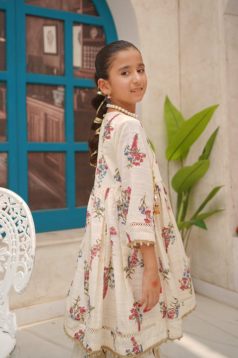 Flower-Print Kurta Trouser 3 Piece Set - Chand Tara