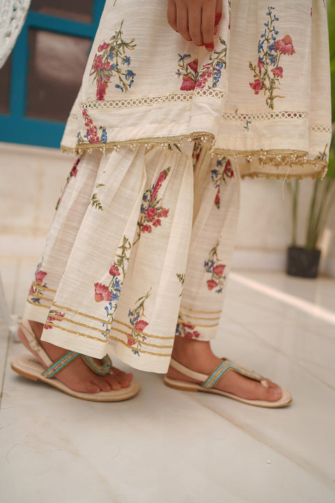 Flower-Print Kurta Trouser 3 Piece Set - Chand Tara