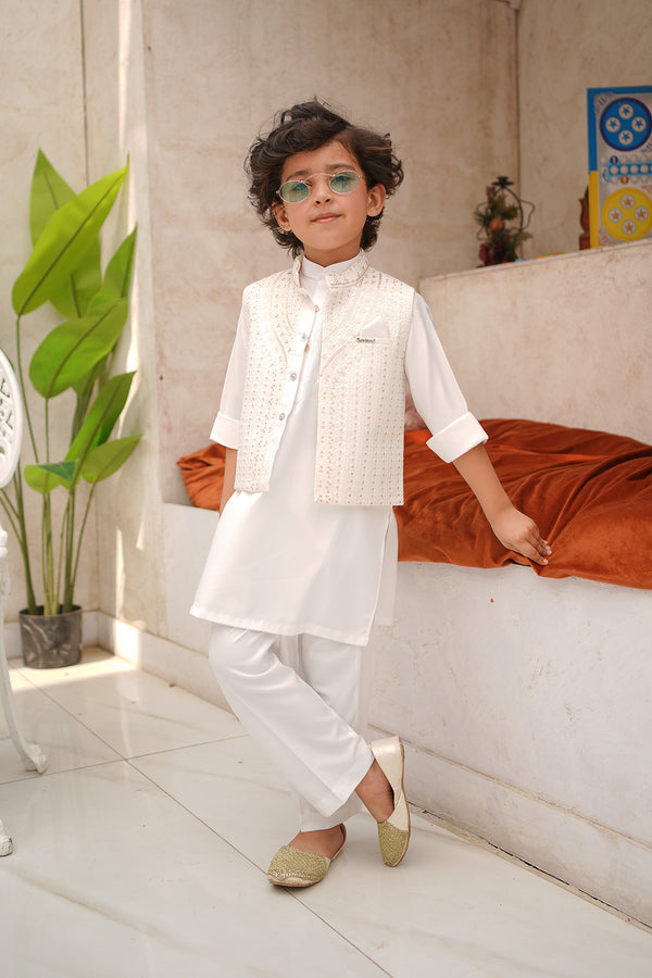 Boys White Kurta Shalwar 3 Piece - Chand Tara