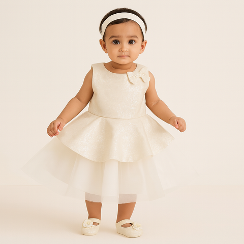 Ivory White Glitter Baby Frock With Shoulder Bow “ Elegant Formal Dress