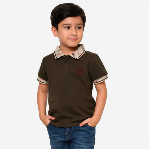 Brown Polo T-Shirt (Check Print Collar) For Boys