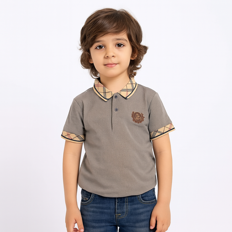 Grey Polo T-Shirt (Check Print Collar) For Boys
