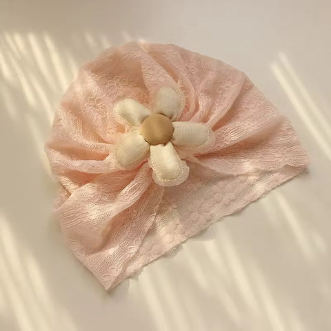 Blossom Lace Baby Turban   Soft White Lace Hat With Plush Gingham Flower Accent
