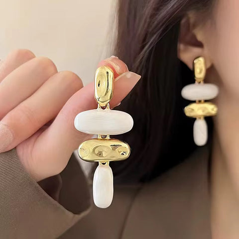 Elegant Gold & White Geometric Drop Earrings
