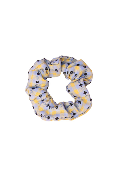 Pastel Plaid Scrunchie With Tiny Bird Pattern