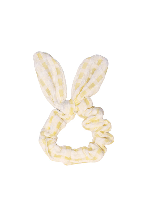 Yellow Gingham Bunny Ear Scrunchie “ Soft Fabric Hair Tie For Kids & Teens