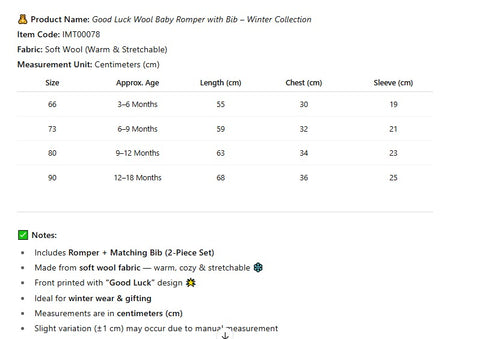 Good Luck Wool Baby Romper With Bib