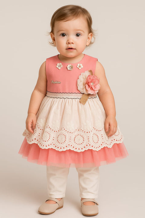 Blue and White Floral Embroidered Baby Dress with Leggings