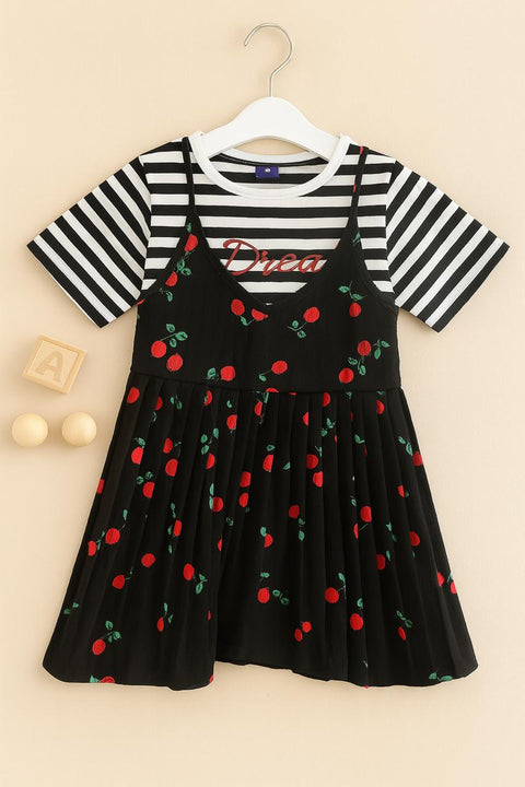 Girls’ Black Tee & Cherry-Patterned Layered Dress