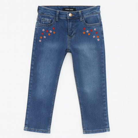 Girls' Star Embroidered Denim Jeans   Classic Blue Stretch Fit