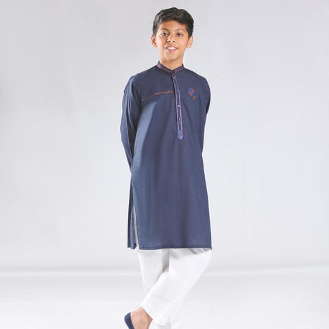 Boys Navy Blue Kurta With White Pajama “ Subtle Embroidery & Classic Fit