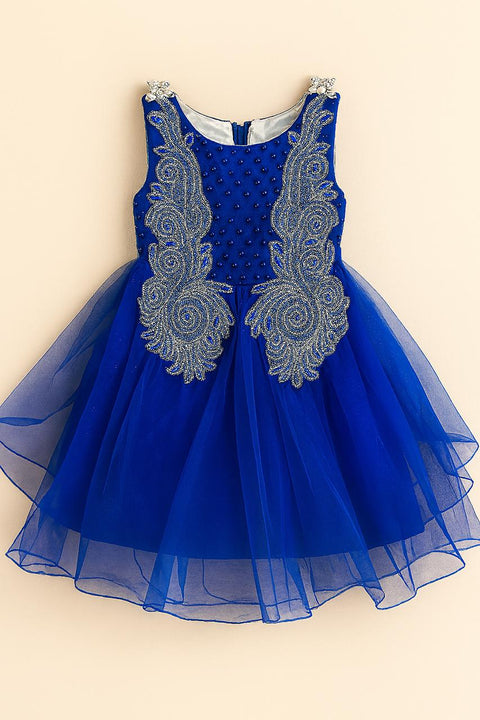 Royal Blue Net Dress With Beaded Silver Embroidery Design