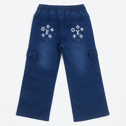 Girls' Navy Blue Wide-Leg Cargo Pants With White Graphic Accents