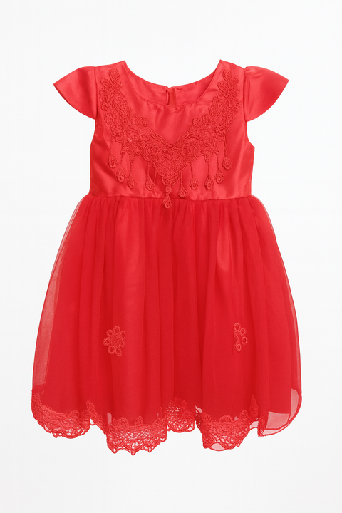 Red Embroidered Party Dress For Baby Girls “ Elegant Tulle & Satin Design