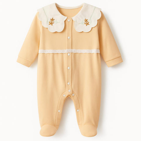 Blossom Collar Baby Romper “ Soft Peach With Embroidered Floral Detail