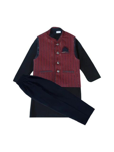 Boys Black Kurta Pajama Set With Maroon Embroidered Waistcoat