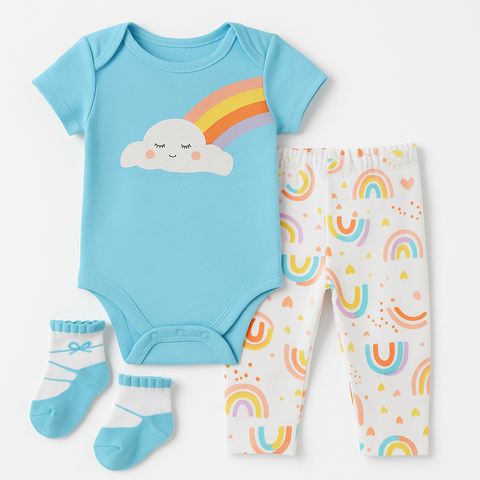 Rainbow Cloud 3-Piece Baby Romper Set “ Blue