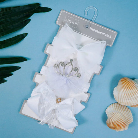 Snow Princess Baby Girl Headband Set “ 3-Piece White Crown & Bow