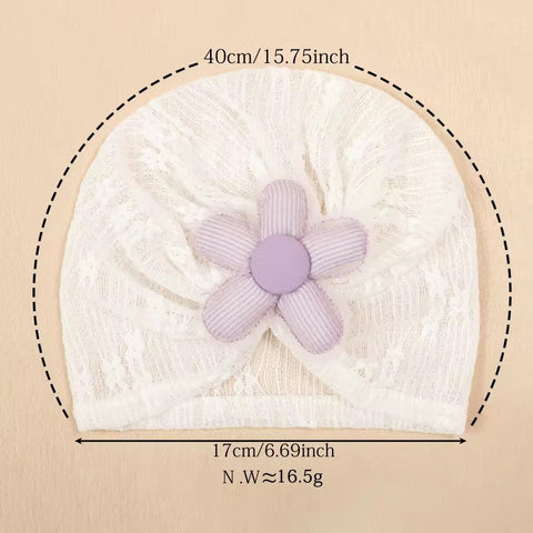 Blossom Lace Baby Turban   Soft White Lace Hat With Plush Gingham Flower Accent