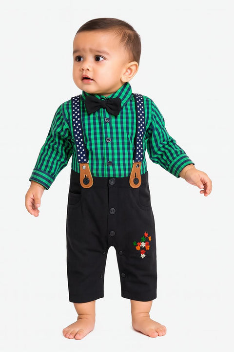 Baby Boy’S Formal Suspender Romper Set   Green Checkered Shirt With Bow Tie & Embroidered Overalls