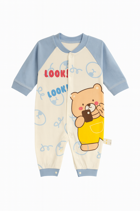 Cute Baby Bear Print Romper With Blue Sleeves