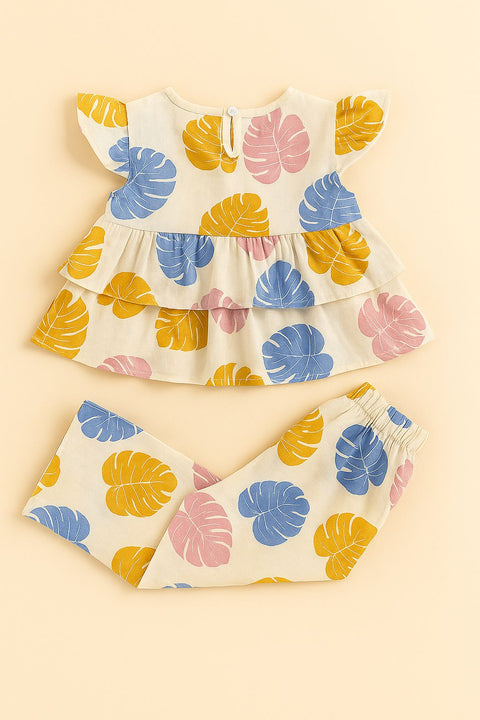 Cream Tiered Ruffle Top & Leaf-Print Wide-Leg Pants Set “ Girls’ Summer Outfit
