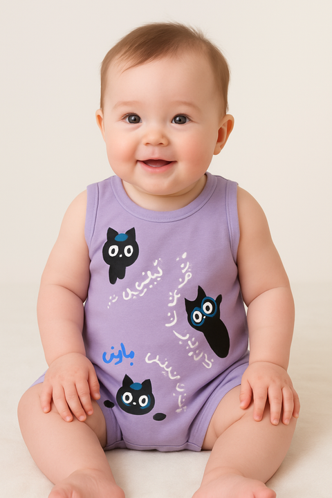 Ghousla Black Cat Shorts Sleeve Romper Purple
