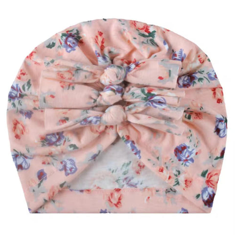 Peach Floral Baby Turban With Triple Knot Bow Detail