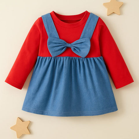 Red & Denim Delight: Baby Girl Dress With Oversized Bow Accent