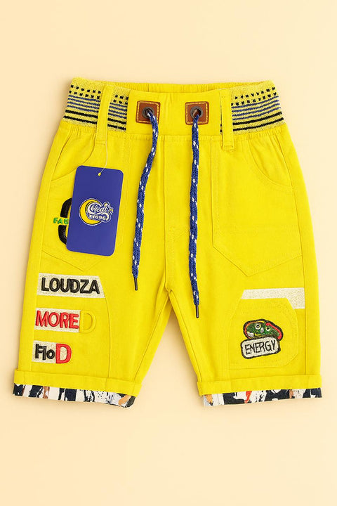 Boys' Bright Yellow Patch Shorts With Printed Cuffs & Drawstring Waist