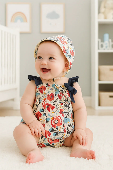 Baby Girls' Floral Smocked Romper & Matching Bonnet Set