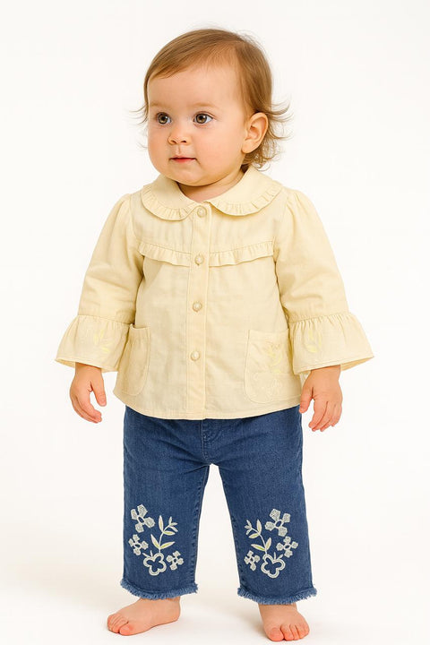 Baby Girls’ Ruffle Collar Embroidered Top & Floral Denim Pants Set “ Butter Yellow & Indigo