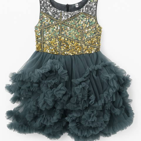 Girls' Sequin Bodice Tulle Ruffle Party Dress “ Elegant Sleeveless Formal Dress
