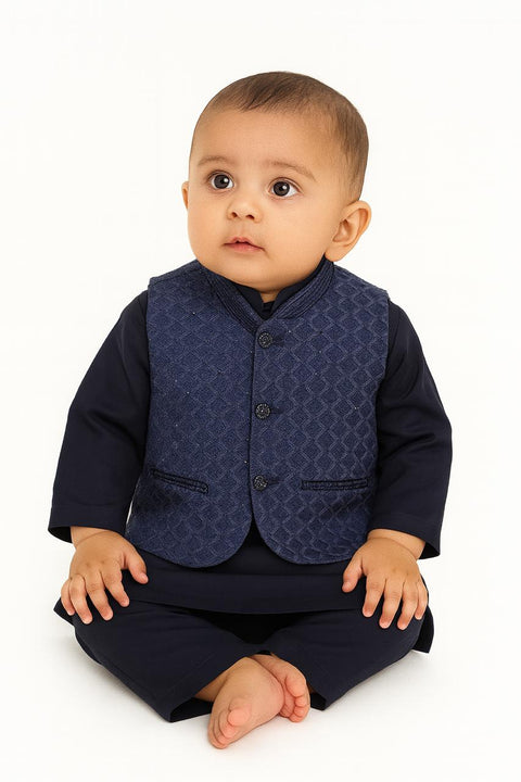 Midnight Blue Kurta Pajama With Textured Waistcoat “ Baby Boys Formal Set