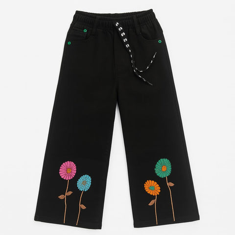 Girls' Black Wide-Leg Pants With Colorful Flower Embroidery