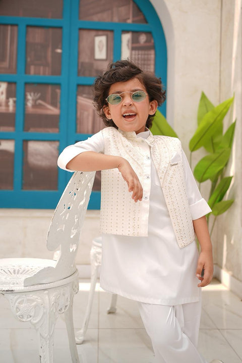 Boys White Kurta Pajama With Embroidered Ivory Waistcoat “ Royal Festive Look