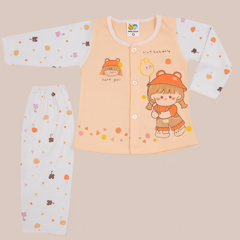 Cute Girl Cartoon Printed Pajama Set “ Peach & White