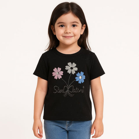 Star Nature Kids’ Floral Glitter Tee “ Black